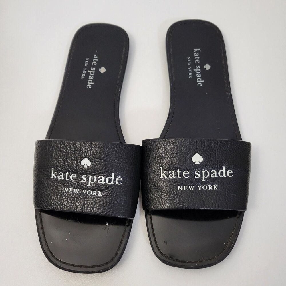 KATE SPADE Peyton Slides Womens 10 Black Leather Slip On Sandals Logo Resort